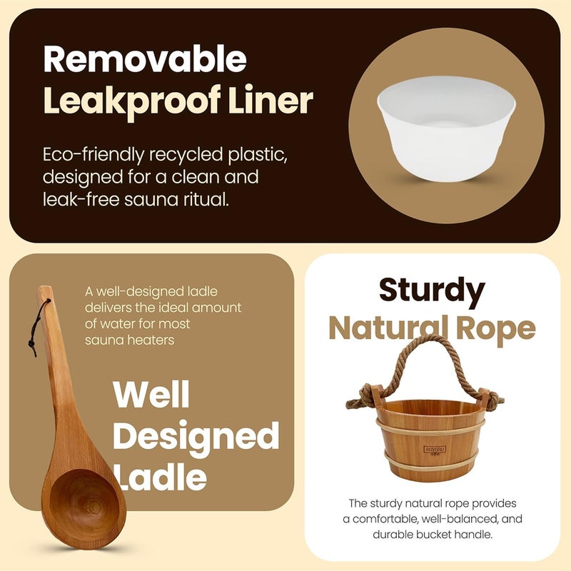 RIVARO Sauna Bucket and Ladle Set – Handcrafted from Canadian Red Cedar Wood – 1 Gallon (4Liters) Water Capacity – Leakproof Liner – Natural Rope Handle - Luxury Sauna Accessories Set - Image 3